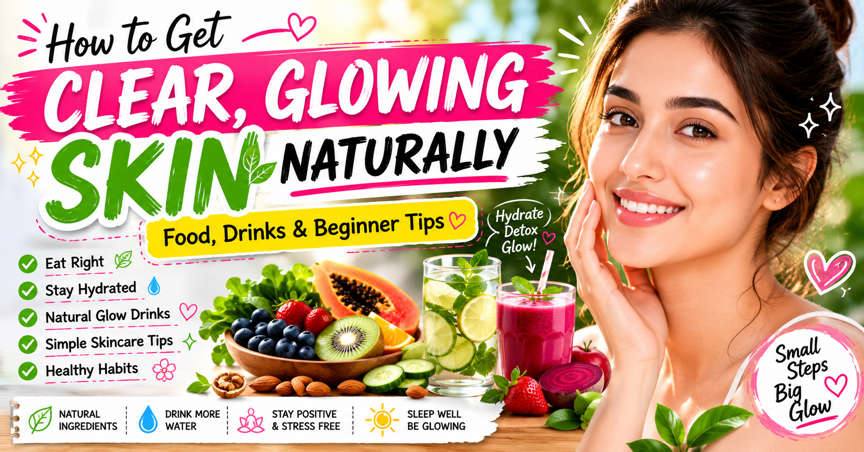 How to Get Clear, Glowing Skin Naturally Food, Drinks & Beginner Tips